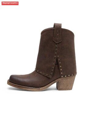Western Studded Ankle Boots Square Toe Low Block Heel Slouch Booties